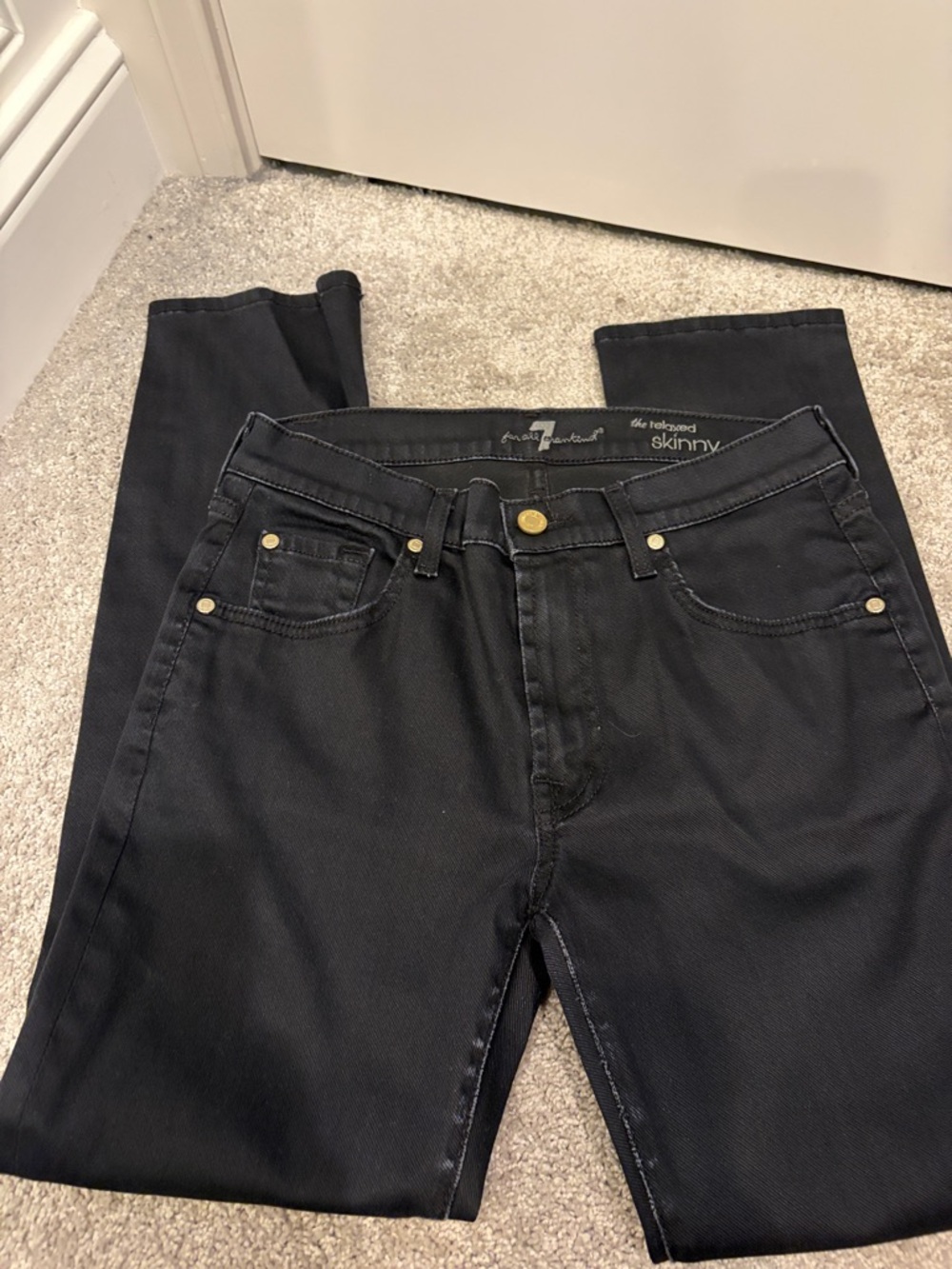 7 For All Mankind Black Skinny Jeans with Gold Hardware